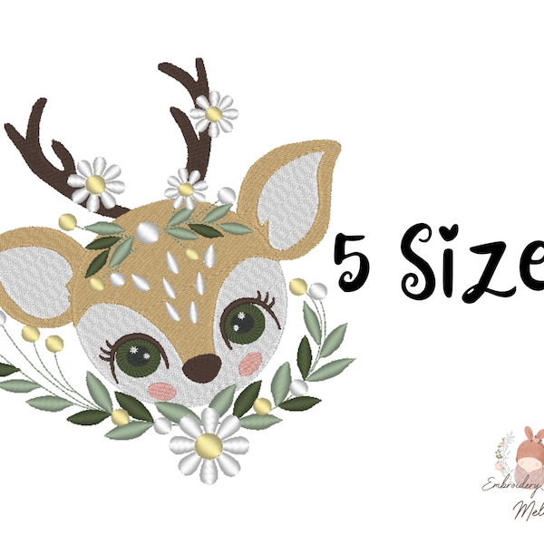 Cute Deer and Flower Embroidery Design ,Download File , Gazelle Embroidery , Cute Animals , Sweet Roe,Fawn Embroidery,Antlers Bambi,Machine