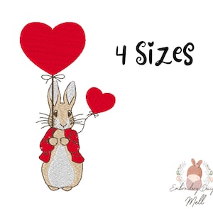 May include: Embroidered design of a brown rabbit holding a red heart balloon. The design is available in four sizes. The text "4 Sizes" is also included in the image.
