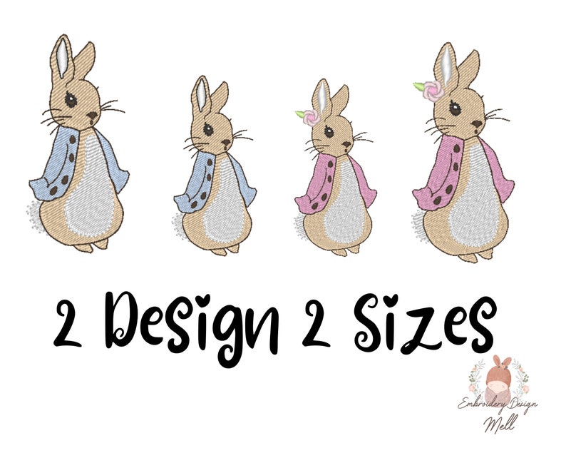 May include: Two embroidery designs of Peter Rabbit, one in blue and one in pink. The designs are available in two sizes. The text "2 Design 2 Sizes" is below the images.