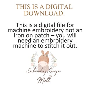 May include: This is a digital download for machine embroidery. It features a cute bunny wearing a brown hat with floral accents. The text "THIS IS A DIGITAL DOWNLOAD." and "Embroidery Design Mell" is also included.
