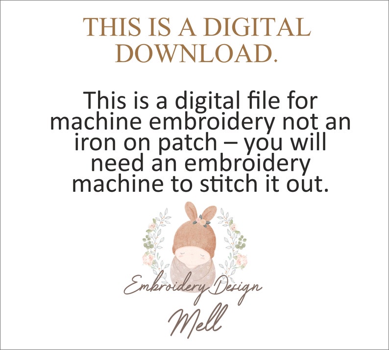 May include: This is a digital download for machine embroidery. It features a cute bunny wearing a brown hat with floral accents. The text "THIS IS A DIGITAL DOWNLOAD." and "Embroidery Design Mell" is also included.