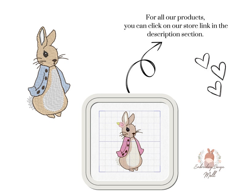 May include: Embroidery design of a brown rabbit wearing a blue jacket with white buttons. The rabbit is standing on a white grid background. The text "Embroidery Design Mall" is in the lower right corner of the image.