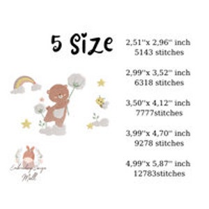 May include: A brown bear holding a dandelion with a rainbow and stars in the background. The image shows 5 different sizes of the design, with measurements in inches and the number of stitches for each size.