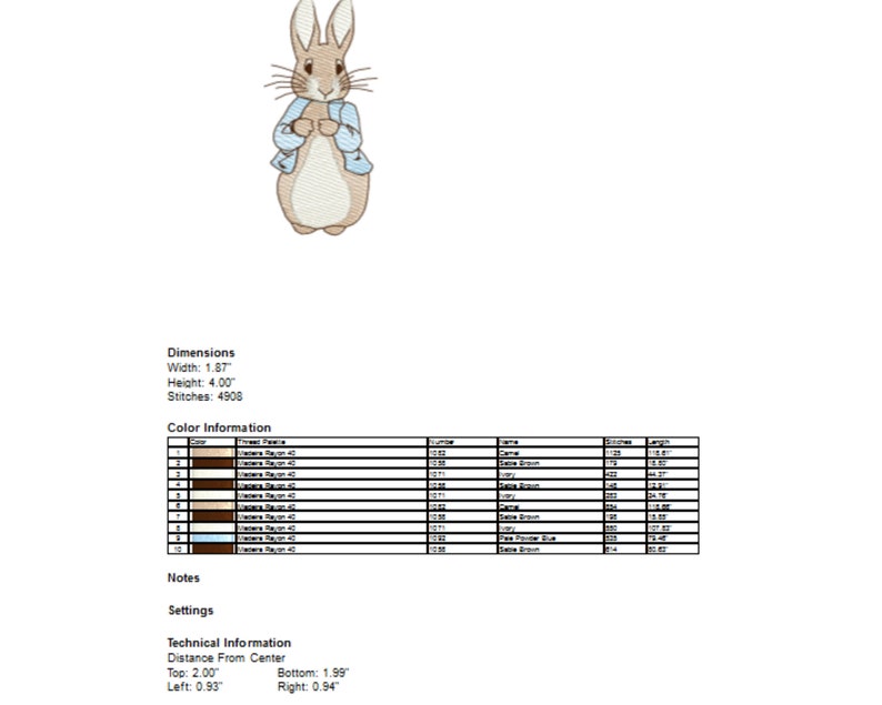 May include: Embroidered design of a brown rabbit wearing a blue jacket. The rabbit is standing on a white background. The design is 1.87 inches wide and 4 inches tall. It has 4908 stitches.