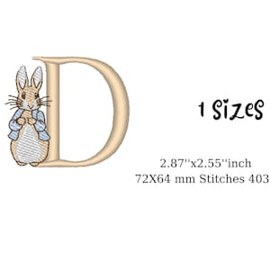 Peut inclure: Broderie de la lettre D avec un personnage de Lapin de Pâques dans une veste bleue. Le motif mesure 2,87 pouces par 2,55 pouces et comporte 4032 points.