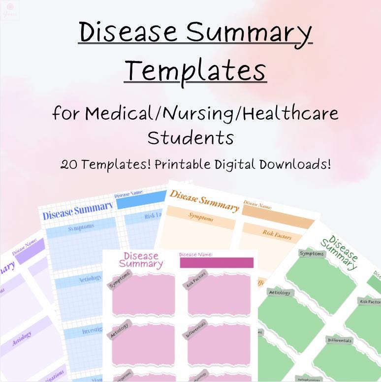 Disease Summary Templates - revision material for medical, nursing and healthcare students! Digital Download - YaariDesigns