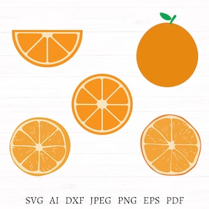 Puede incluir: Un conjunto de cinco ilustraciones de fruta naranja, que incluye una naranja entera, una rodaja de naranja y tres gajos de naranja. Las ilustraciones están en un estilo plano y son perfectas para usar en proyectos de manualidades, scrapbooking o diseño digital.