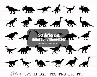 Dinosaur Svg Bundle, 50 Different Dinosaur Silhouettes, Dinosaur Svg Files for Cricut, Dinosaur Clipart, Dino Silhouettes, Instant Download