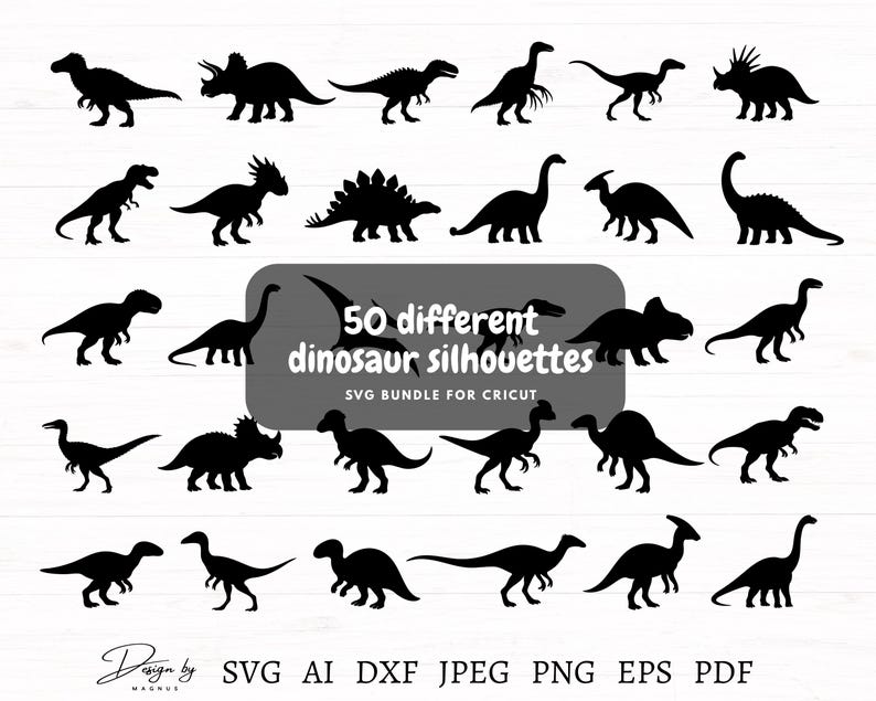 May include: A collection of black dinosaur silhouettes in different poses against a white backdrop. The image features the text "50 different dinosaur silhouettes" and "SVG bundle for Cricut". The bottom of the image includes the text "Design by Magnus".