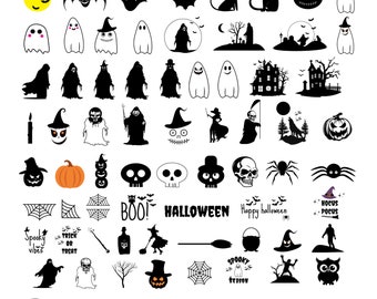 May include: A collection of 50 black and white Halloween themed SVG cut files. The designs include ghosts, bats, pumpkins, witches, skulls, spiders, and more. The text "BOO!" and "HALLOWEEN" are included in the design.