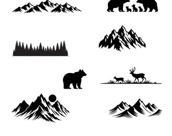 Mountains And Wildlife Svg Bundle, Outdoors Svg, Hiking Svg, Bear Svg, Deer Svg, Mountain Range Svg, Mountain Cut Files, Instant Download