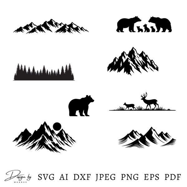 Mountains And Wildlife Svg Bundle, Outdoors Svg, Hiking Svg, Bear Svg, Deer Svg, Mountain Range Svg, Mountain Cut Files, Instant Download