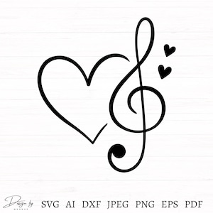 May include: Black line art of a heart intertwined with a treble clef, accompanied by two small hearts. The design is set against a white background with a wood grain texture. Below the design are file type options.
