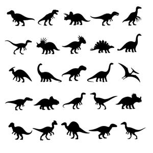 May include: A selection of black dinosaur silhouettes in different poses. The image showcases a range of dinosaurs, such as the T-Rex, Triceratops, and Stegosaurus, all presented in a simple, graphic style. The dinosaurs are arranged in rows and columns against a white backdrop.