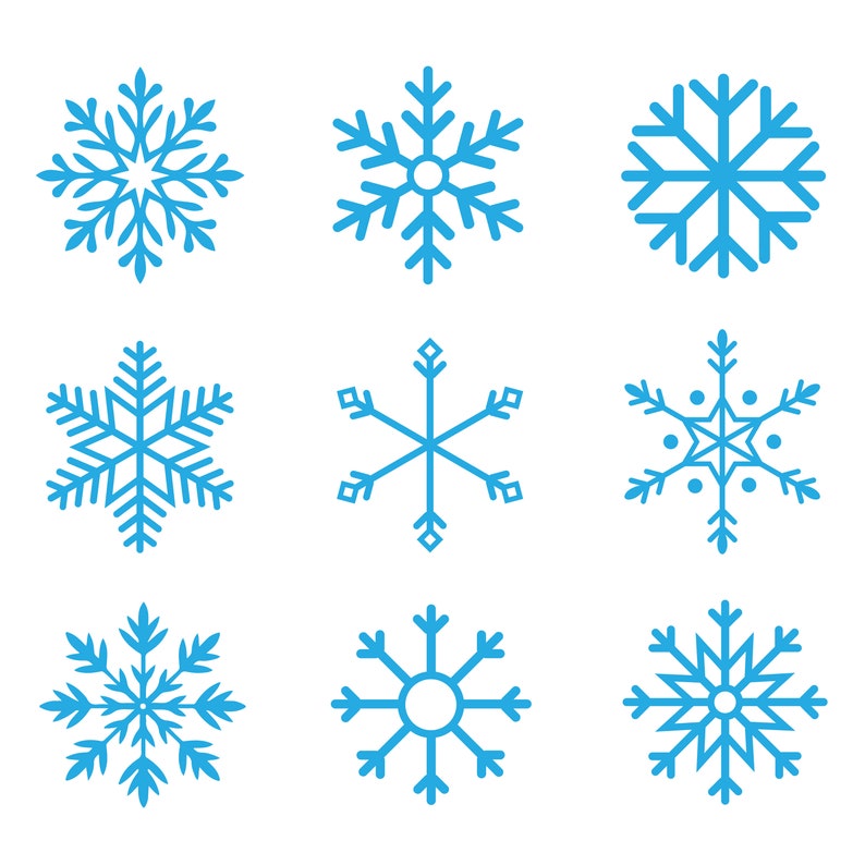 May include: Nine blue snowflake illustrations on a white background. The snowflakes are all different designs.