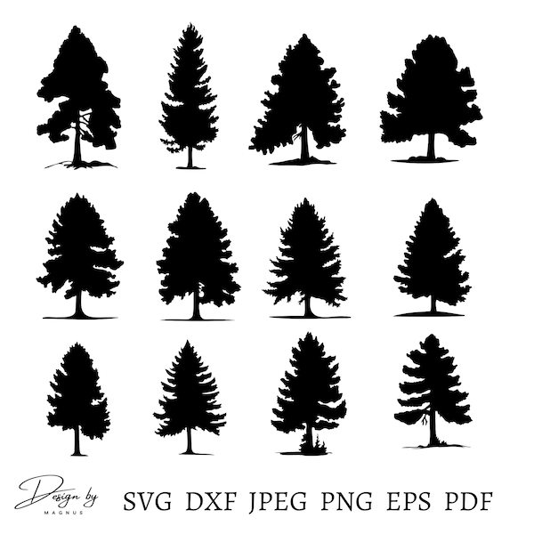 Pine Trees Svg Bundle, 12 Designs, Tree Svg Cut File, Tree Cricut Svg, Tree Silhouettes, Pine Tree Clipart, Forest Svg, Instant Download