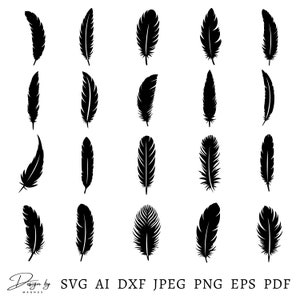 Feather Svg Bundle 20 Designs, Feather Cut Files For Cricut, Feather Png Files, Feather Silhouettes, Feathers Clipart, Instant Download
