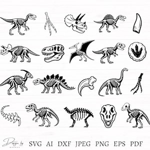 May include: Black and white dinosaur-themed illustrations. The image features various dinosaur skeletons, a tooth, a footprint, and other related elements. The text "Design by Magnus" and file type abbreviations are at the bottom.