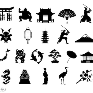 May include: A collection of black silhouette illustrations featuring Japanese cultural symbols. Includes a torii gate, sumo wrestler, temple, fan, samurai, ninja, Mount Fuji, map of Japan, lucky cat, koi fish, bonsai tree, and more.