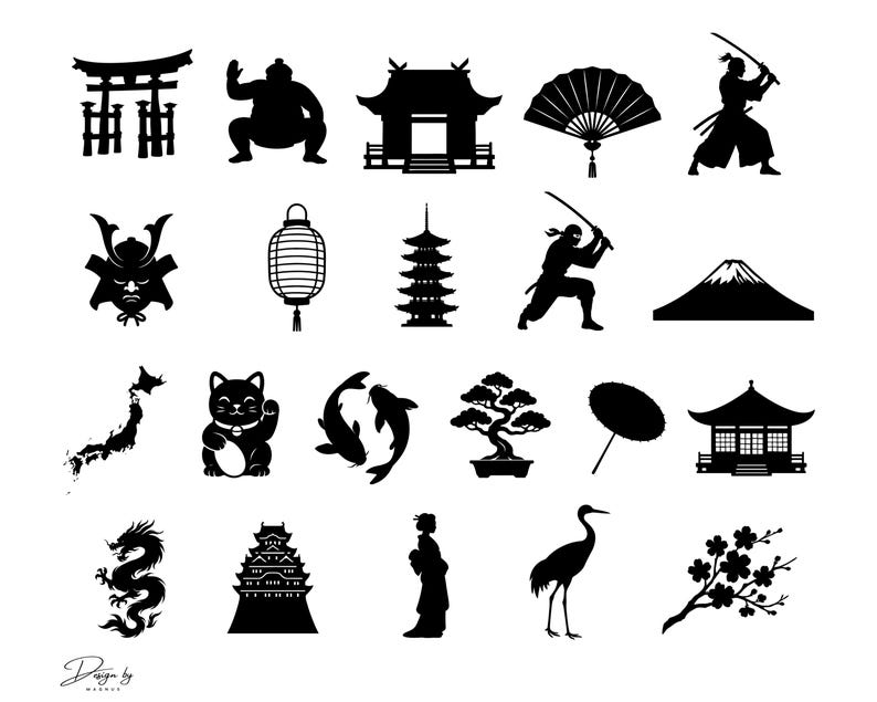 May include: A collection of black silhouette illustrations featuring Japanese cultural symbols. Includes a torii gate, sumo wrestler, temple, fan, samurai, ninja, Mount Fuji, map of Japan, lucky cat, koi fish, bonsai tree, and more.