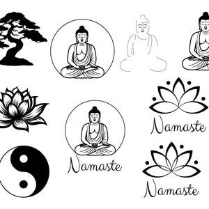 Buddha-Svg-Bundle, 9 Designs, spirituelles SVG-Bundle, SVG, Dxf, Eps, Png, Jpeg Und Pdf, Namaste SVG, Lotus SVG, Yin und Yang, Bonzai Baum