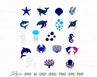 Paquete SVG de vida marina (19 diseños), archivos SVG de vida oceánica, imágenes prediseñadas de animales marinos, archivos de corte para Cricut, paquete SVG de vida marina, descarga instantánea