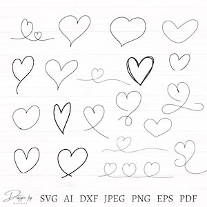 May include: A collection of black line art heart designs in various styles. The image includes simple outlines, connected hearts, and hearts with decorative swirls. The text "Design by Magnus" and file type abbreviations are at the bottom.