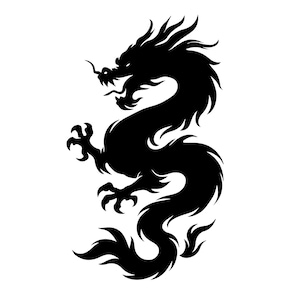 May include: A black silhouette of a dragon on a white background. The dragon is depicted in a dynamic pose, with its body curved and its claws extended. The dragon's head is detailed with sharp teeth and a flowing mane.