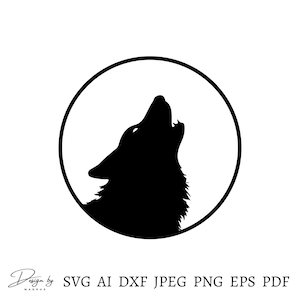May include: Black silhouette of a wolf howling at the moon, inside a circle. The wolf is facing the right side of the image.