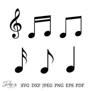 May include: A set of black musical note symbols, including a treble clef, quarter notes, eighth notes, and a half note. The notes are isolated on a white background.