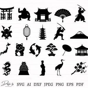 Japan Svg Bundle 21 Designs, Japan Silhouettes, Japanese Designs and Symbols, Samurai, Japan Map, Geisha... Japan Clipart, Svg Cut Files
