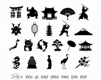 Japan Svg Bundle 21 Designs, Japan Silhouettes, Japanese Designs and Symbols, Samurai, Japan Map, Geisha... Japan Clipart, Svg Cut Files
