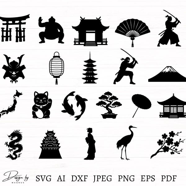 Japan Svg Bundle 21 Designs, Japan Silhouettes, Japanese Designs and Symbols, Samurai, Japan Map, Geisha... Japan Clipart, Svg Cut Files