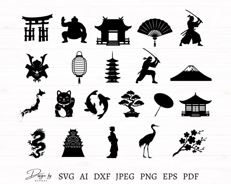 May include: A collection of black silhouette illustrations of Japanese cultural icons. The image includes a torii gate, sumo wrestler, fan, ninja, samurai helmet, lantern, pagoda, Mount Fuji, and other symbols.