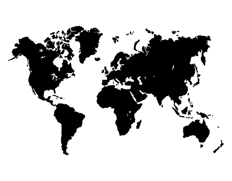 May include: A black and white silhouette of the world map.