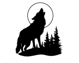 Può includere: Silhouette nera di un lupo che ulula alla luna con un bosco di pini sullo sfondo.
