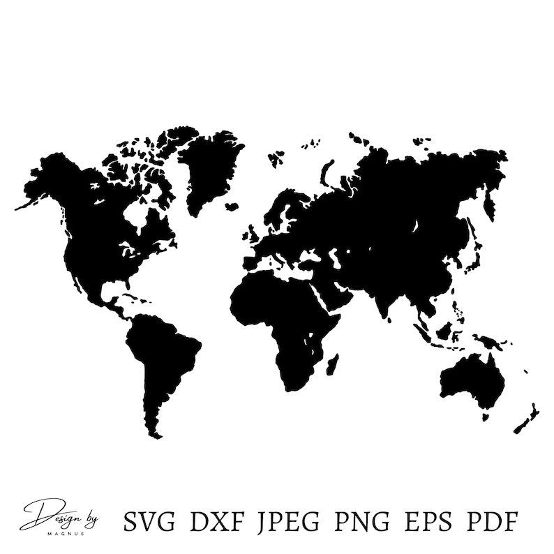 May include: A black and white silhouette of the world map. The map is a simple outline of the continents and oceans. The map is a popular design element for home decor, crafts, and educational purposes.