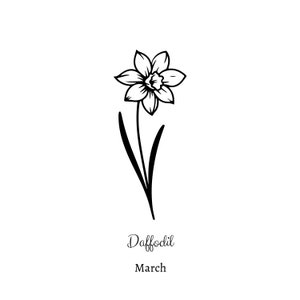 May include: A black and white line drawing of a daffodil flower with the text "Daffodil March" below it.