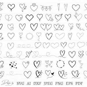 Könnte beinhalten: Eine Sammlung handgezeichneter schwarzer Herzdesigns in verschiedenen Stilen, darunter einfache Umrisse, florale Akzente und pixelige Herzen. Das Bild enthält den Text "Design by Magnus" und Dateityp-Abkürzungen.