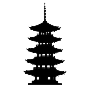 May include: A black silhouette of a five-tiered Japanese pagoda against a white background. The pagoda has a traditional architectural design with curved roofs and a tall spire at the top. The image is a simple, graphic representation of a cultural landmark.