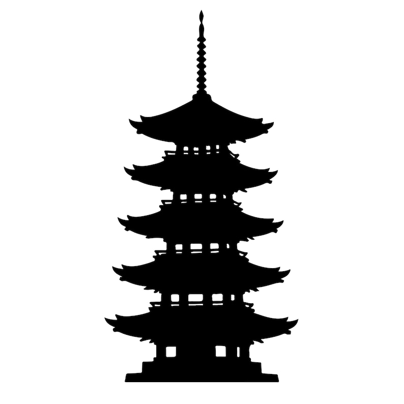 May include: A black silhouette of a five-tiered Japanese pagoda against a white background. The pagoda has a traditional architectural design with curved roofs and a tall spire at the top. The image is a simple, graphic representation of a cultural landmark.