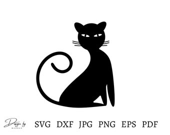 Puede incluir: Silueta negra de un gato sentado con la cola enroscada. El gato tiene orejas puntiagudas, una expresión severa y tres bigotes a cada lado. Debajo, las abreviaturas de los tipos de archivo: SVG, DXF, JPG, PNG, EPS y PDF.