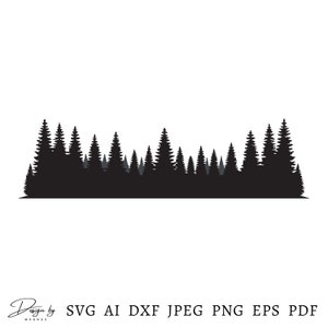Può includere: Silhouette nera di una foresta con pini su uno sfondo bianco.