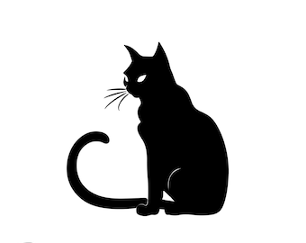 Puede incluir: Silueta negra de un gato sentado con la cola enroscada alrededor de su cuerpo. El gato mira hacia la izquierda.