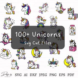 Può includere: Una collezione di oltre 100 file di taglio SVG a tema unicorno. Le illustrazioni presentano unicorni in varie pose, con criniere e corna arcobaleno. L'immagine include il testo "100+ Unicorns Svg Cut Files" e le opzioni di tipo di file.