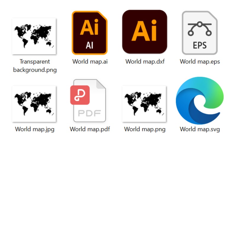 May include: A collection of world map files in various formats, including PNG, JPG, AI, PDF, EPS, and SVG. The files are displayed as icons with their respective file extensions.