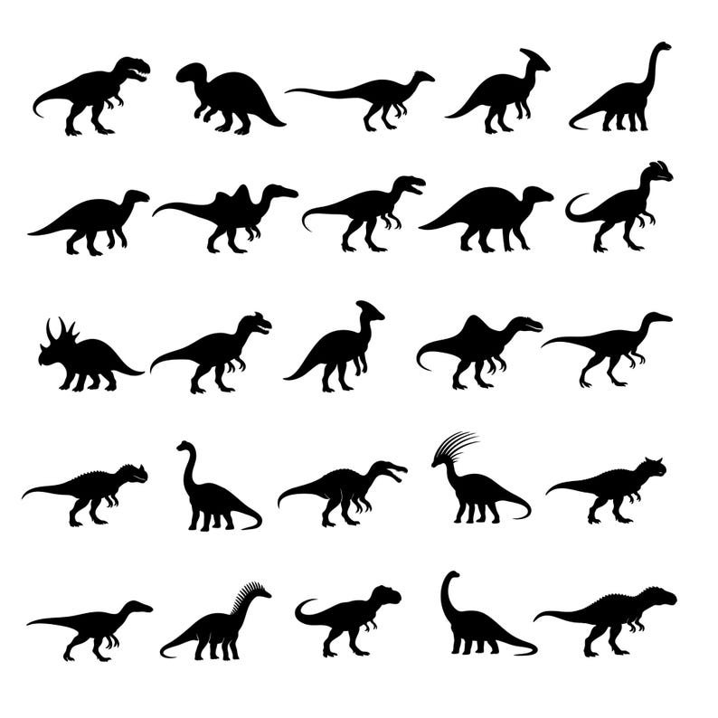 May include: A selection of black dinosaur silhouettes in different poses. The dinosaurs are presented in a simple, graphic style, ideal for design projects or educational resources. The image showcases a range of dinosaur species.
