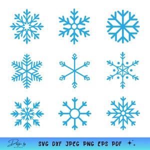 May include: Nine different blue snowflake designs. The snowflakes are all outlined in black and have a variety of different shapes and sizes.