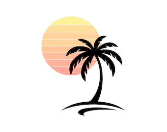 太陽とヤシの木のSVGファイル、夏のベクターファイル、ビーチのSVG、休暇のSVG、クリカット用のヤシの木のカットファイル、ヤシの木のクリップアート、すぐにダウンロードできます