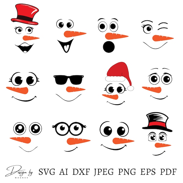 Snowman Faces Svg Bundle 12 Designs, Snowman Clipart, Snowman Cut Files Christmas Svg, Snowman Face Png, Winter Svg Files, Instant Download